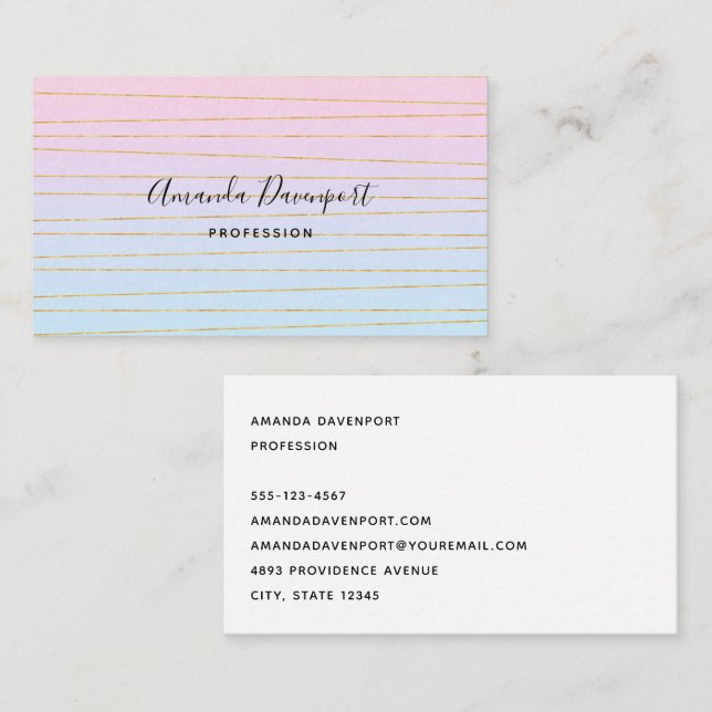 Pink Blue Pastel Gradient with Gold Lines Business Card (Front/Back)