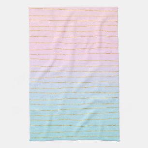 Pink Blue Pastel Gradient with Gold Lines Kitchen Towel