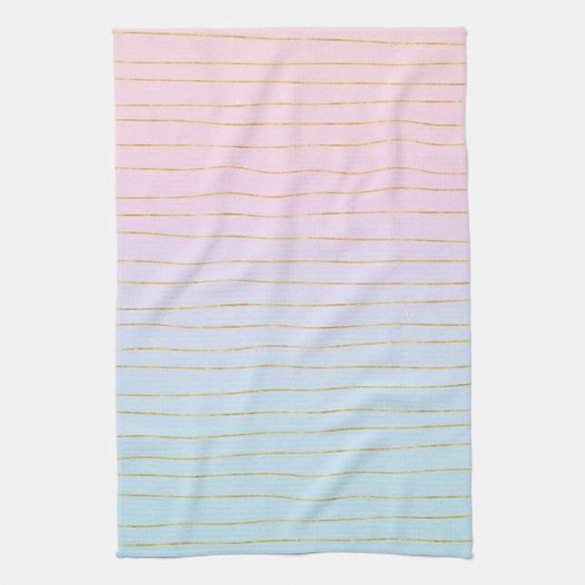 Pink Blue Pastel Gradient with Gold Lines Kitchen Towel (Vertical)