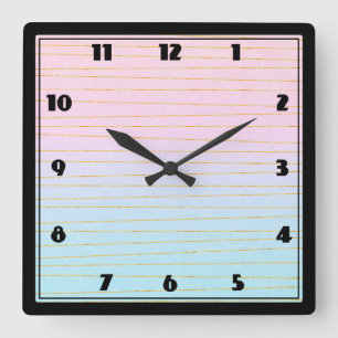 Pink Blue Pastel Gradient with Gold Lines Square Wall Clock