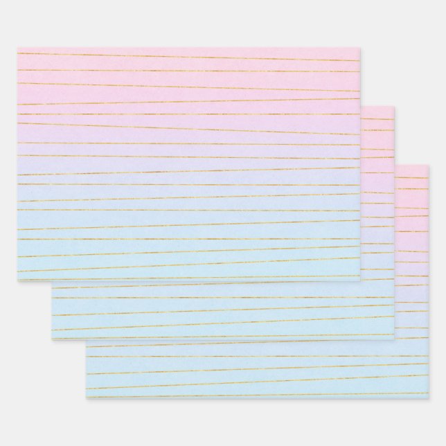 Pink Blue Pastel Gradient with Gold Lines Wrapping Paper Sheet (Set)