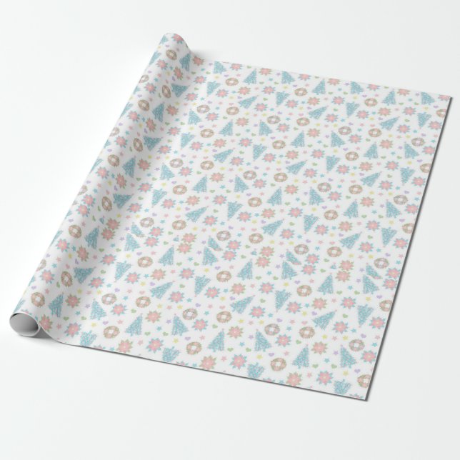 Pink Blue Pastel Holiday Pattern Elegant Xmas Wrapping Paper (Unrolled)