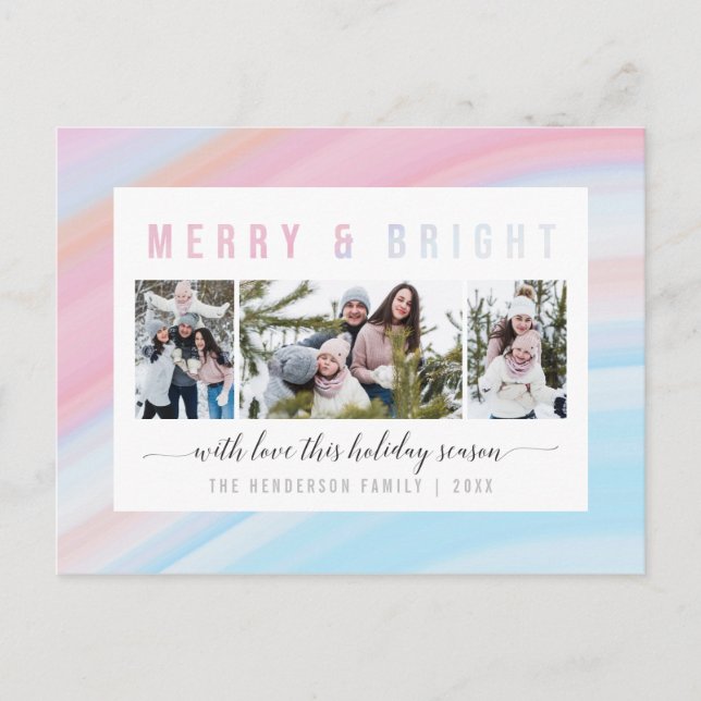 Pink & Blue Pastel Merry & Bright Holiday Photo (Front)
