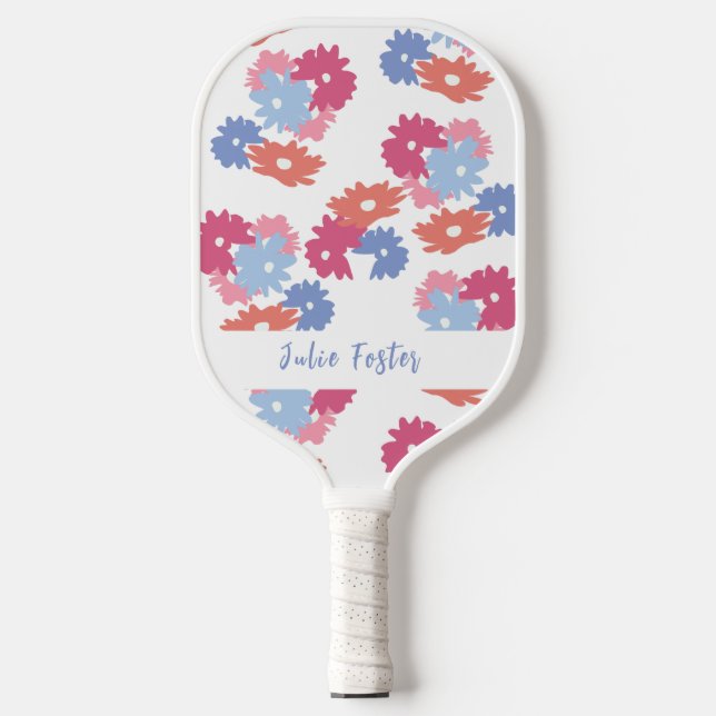 Pink Blue Patel Floral Personalized  Pickleball Paddle (Front)