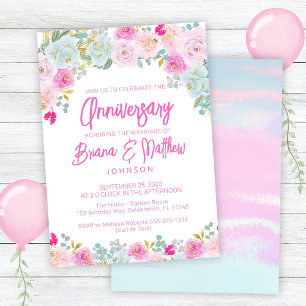 Pink Blue Peach Floral Wedding Anniversary  Invitation