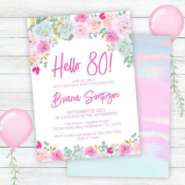 Pink Blue Peach Purple Floral 80th Birthday Party Invitation (Creator Uploaded)