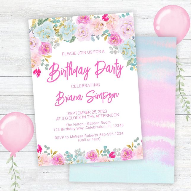 Pink Blue Peach Purple Floral Birthday Party Invitation (Creator Uploaded)