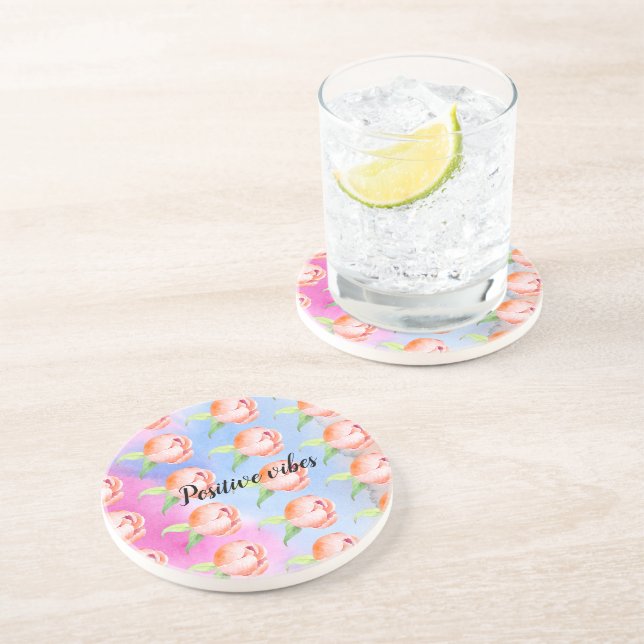 Pink Blue Peach Tie dye Peonies Coaster (Side)