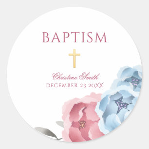 Pink Blue Peony Floral Boy Girl Baptism Classic Round Sticker