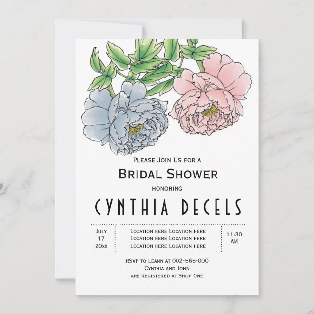 Pink blue peony flowers wedding bridal shower invitation (Front)