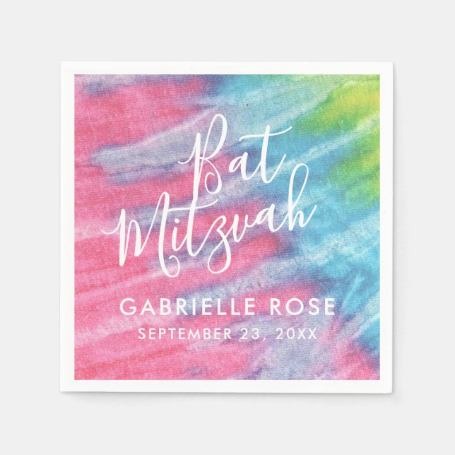 Pink Blue Personalized Tie Dye Bat Mitzvah Napkin (Front)