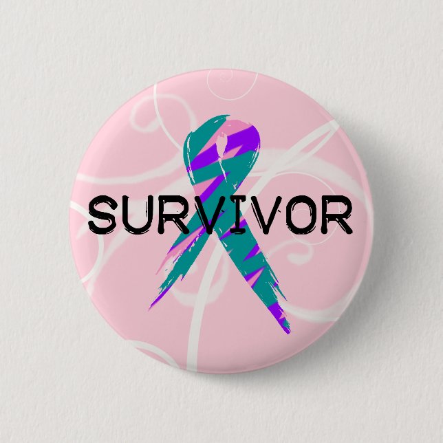 Pink, Blue & Pink Ribbon Survivor 2 Inch Round Button (Front)
