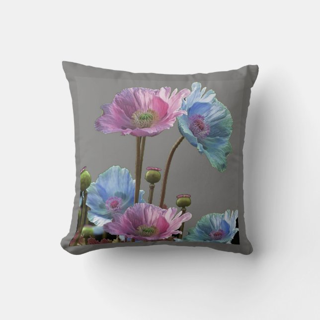 PINK & BLUE POPPY FLOWERS ON GREY ART THROW PILLOW (Front)