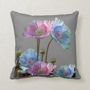 PINK & BLUE POPPY FLOWERS ON GREY ART THROW PILLOW