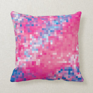 Pink Blue & Purple Abstract Mosaic Squares Pattern Throw Pillow