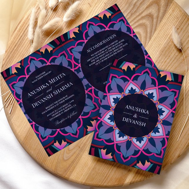 Pink Blue Purple Ethnic Mandala Indian Wedding Invitation (Creator Uploaded)