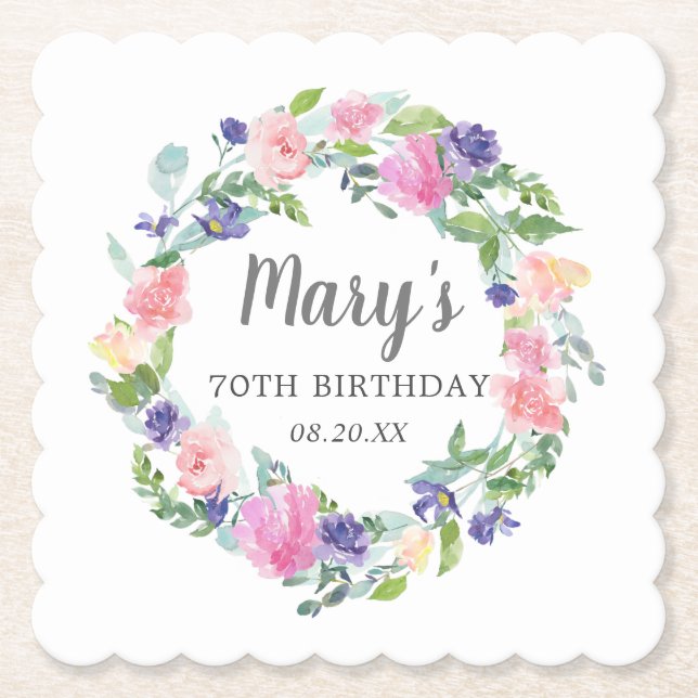Pink Blue Purple Floral 70th Birthday Paper Coaster (Front)