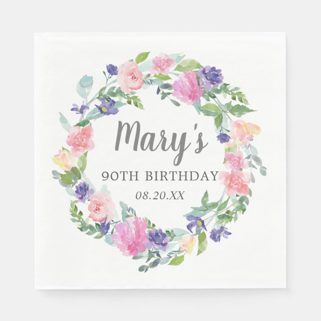 Pink Blue Purple Floral 90th Birthday Napkin (Front)