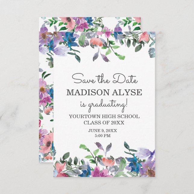 Pink Blue Purple Floral Graduation Save Date Invitation (Front/Back)