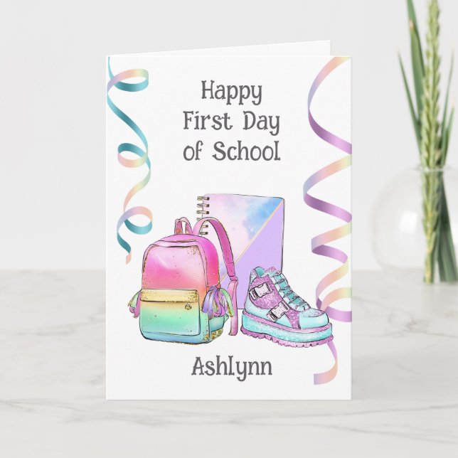 Pink Blue Purple Happy First Day of School Card (Front)
