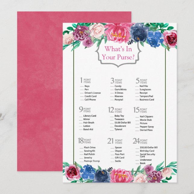 Pink Blue Purple Painted Peony Bridal Shower Game Invitation (Front/Back)