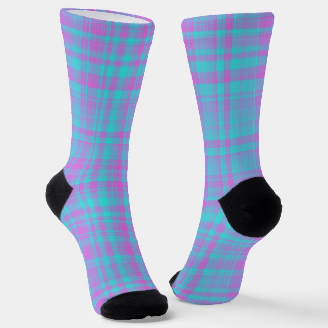 Pink Blue Purple Plaid Pattern Socks (Angled)