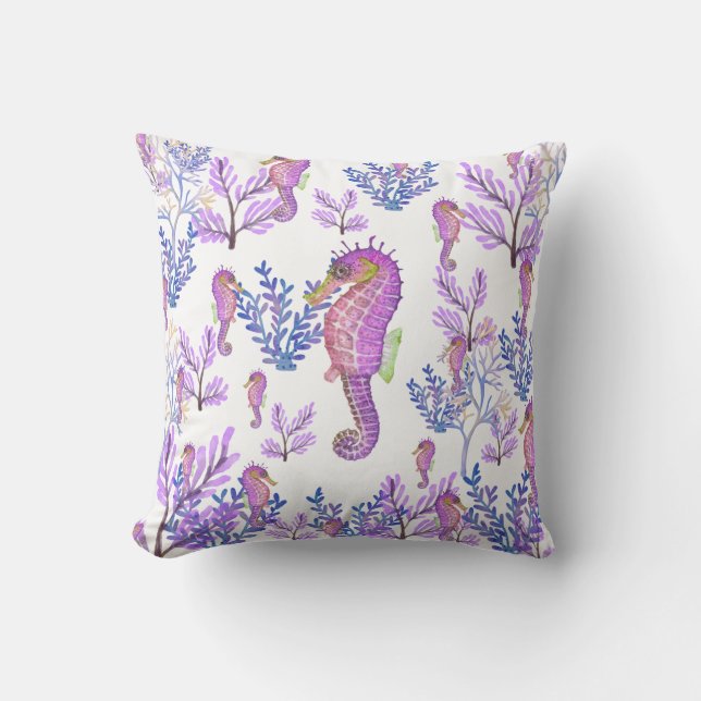 Pink Blue Purple Seahorse Coral Beachy Coastal  Throw Pillow (Front)