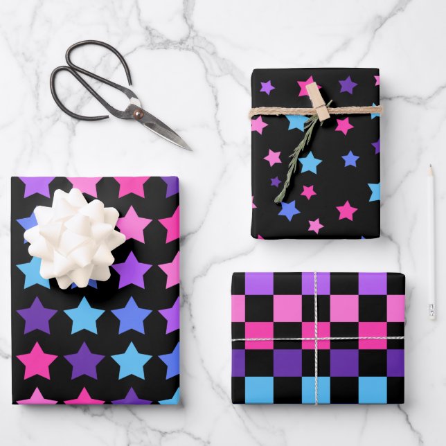 PINK BLUE PURPLE STARS & CHECK PATTERNS WRAPPING PAPER SHEET (Front)