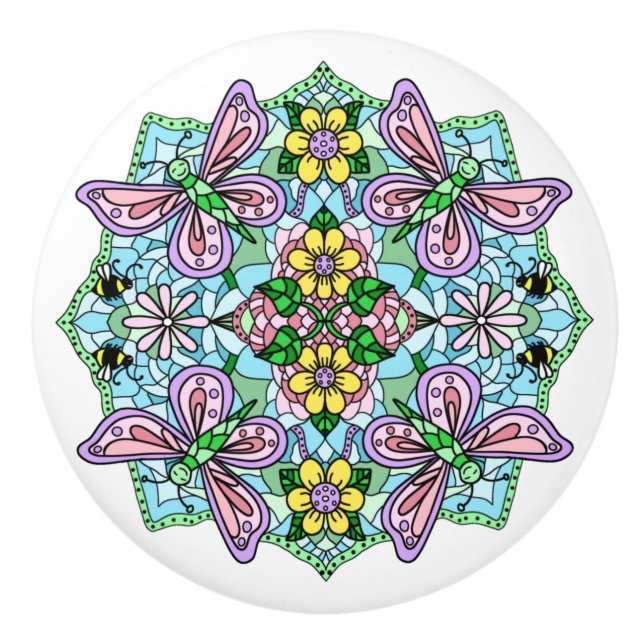 Pink, Blue, Purple's Butterflies, Flowers Mandala Ceramic Knob (Front)