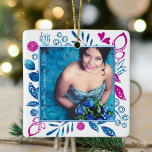 Pink, Blue Quinceanera Christmas Photo Ornament<br><div class="desc">A perfect personalized custom Christmas ornament to commemorate a special celebration. Pink and aquamarine details surround your photo as a decorative border. This quinceanera gift ornament comes in other colour variations and shapes. This design is ideal for a Cinderella Princess quinceanera, but is also versatile for a winter or spring...</div>