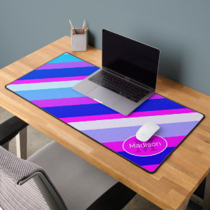 Pink blue retro geometric lines Monogram Desk Mat