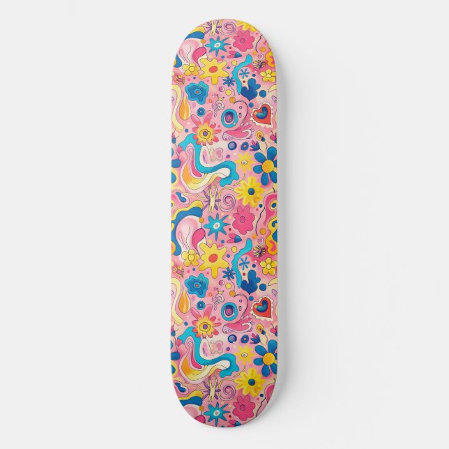 Pink Blue Retro Y2K Unique Design Skateboard (Recto)