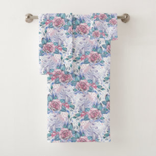 Pink & Blue Rose Pattern Bath Towel Set