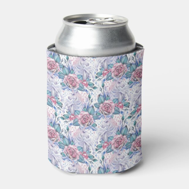 Pink & Blue Rose Pattern Can Cooler (Can Front)