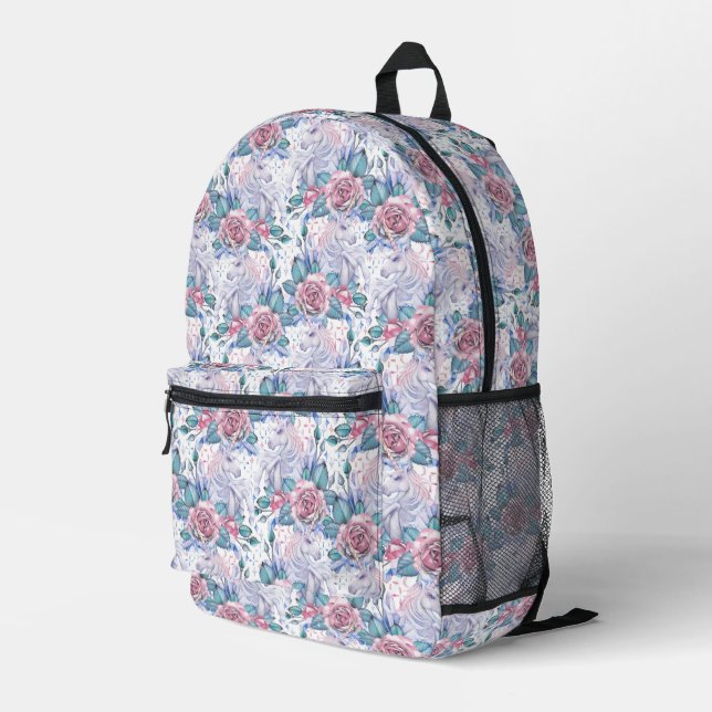 Pink & Blue Rose Pattern Printed Backpack (Back Corner Right)
