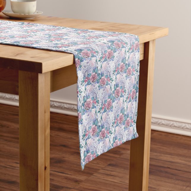 Pink & Blue Rose Pattern Short Table Runner (In Situ)