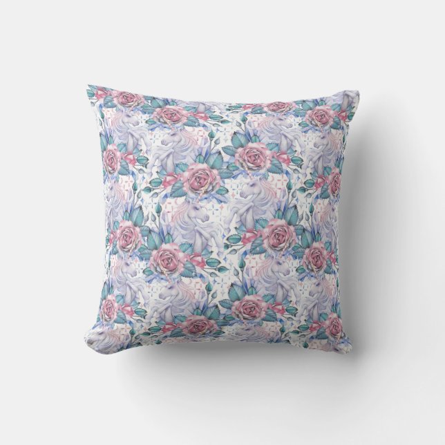 Pink & Blue Rose Pattern Throw Pillow (Front)