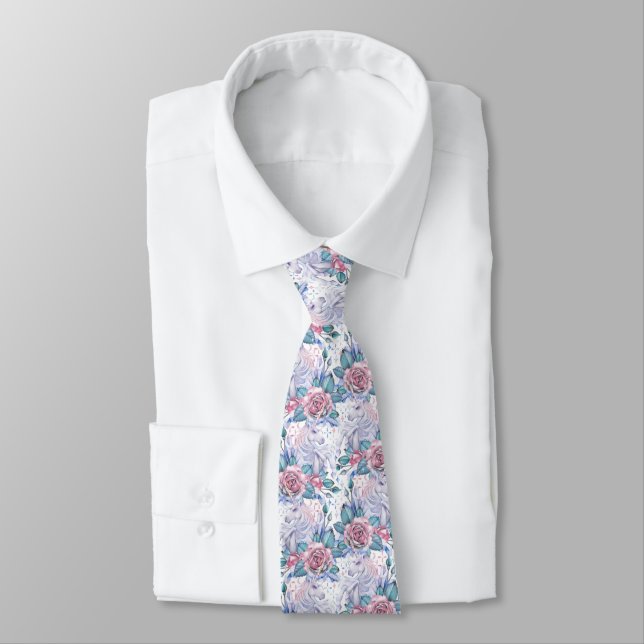 Pink & Blue Rose Pattern Tie (Tied)