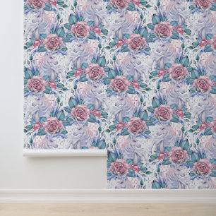 Pink & Blue Rose Pattern Wallpaper