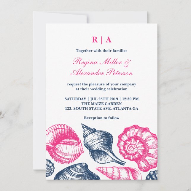 Pink Blue Seashells Beach Wedding Invitation (Front)