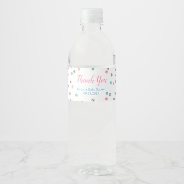 Pink Blue Silver Baby Shower Water Bottle Label (Front)