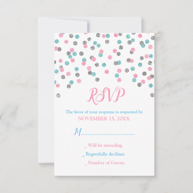 Pink Blue Silver Confetti Baby Shower RSVP Cards (Front)