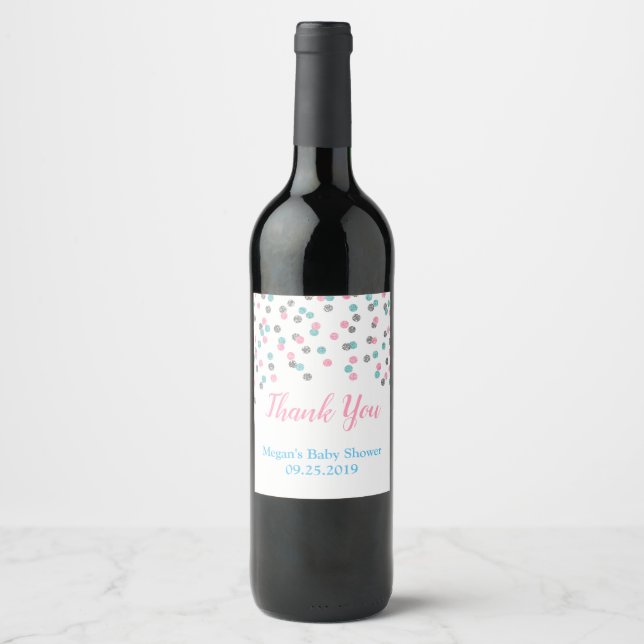 Pink Blue Silver Dots Baby Shower Bottle Label (Front)