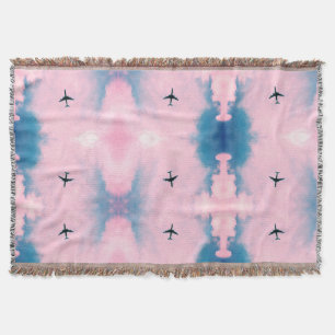 Pink Blue Sky Airplane Pattern Travel Aesthetic  Throw Blanket