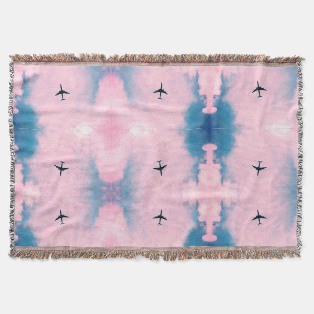 Pink Blue Sky Airplane Pattern Travel Aesthetic  Throw Blanket (Front)