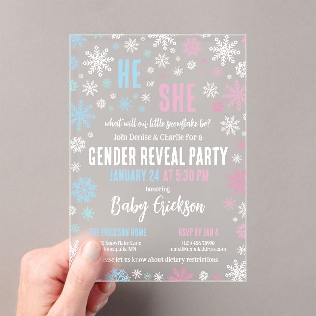 Pink Blue Snowflake He or She Winter Gender Reveal Acrylic Invitations (Insitu (Handheld))