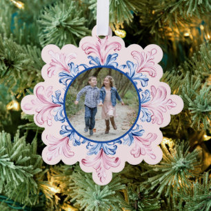 Pink & Blue Snowflake  Photo Ornament Card