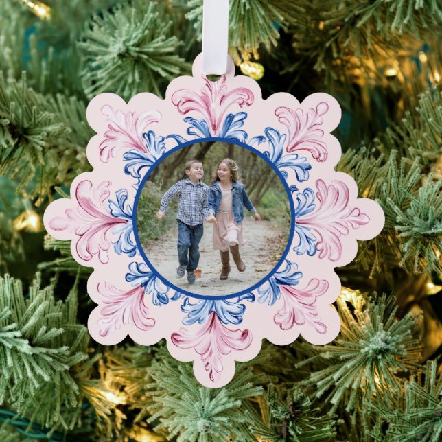Pink & Blue Snowflake  Photo Ornament Card (Insitu (Tree))