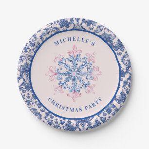 Pink & Blue Snowflake W/ Damask Border Paper Plate