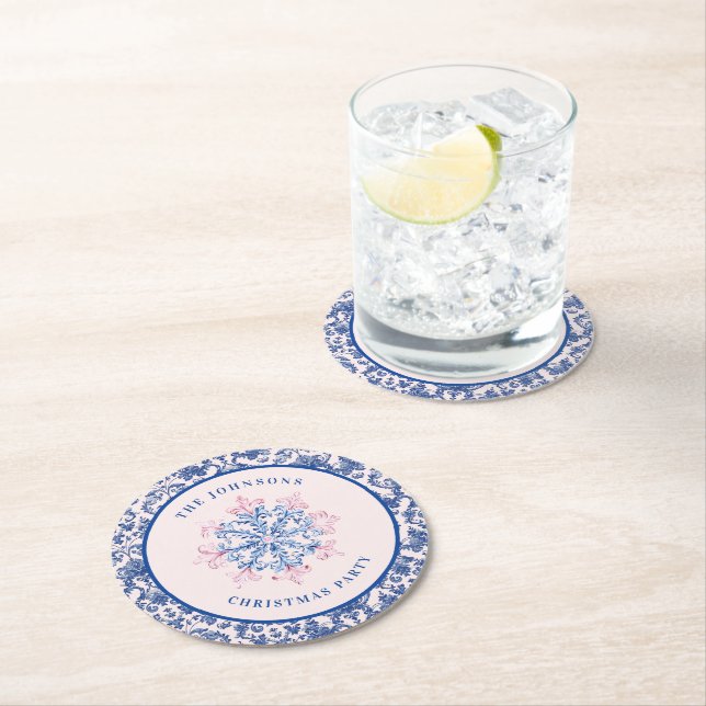 Pink & Blue Snowflake W/ Damask Border Round Paper Coaster (Insitu)